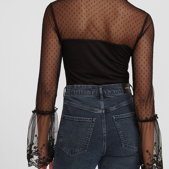 Sheer Swiss Dot Sleeve Ruffle Thong Bodysuit - Picture 5 of 5